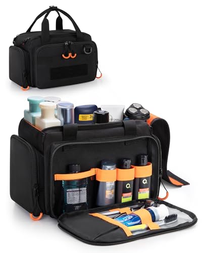 Tactical Travel Toiletry Bag for Men, Extra Large Dopp Kit Organizer with Dual Way Zippers, Travel Hygiene Bag for Shaving Grooming Bathroom Essentials, Black (Empty Bag)