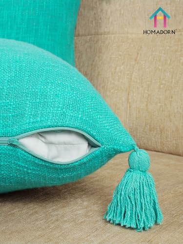 Image of HOMADORN Luxury Cotton Handmade Decorative Boho Throw Pillow Covers with Tassels for Sofa Couch Living Room Indoor Outdoor Chair Car Farmhouse (16X16 INCHES (Square), Turquoise (Pack of 2))