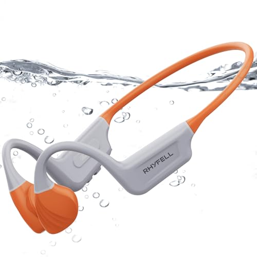Rhyfell Auriculares de conducción ósea para natación, auriculares de oreja abierta, Bluetooth 5.4, IP68, impermeables, deportivos, para natación, correr, ciclismo, senderismo (naranja)