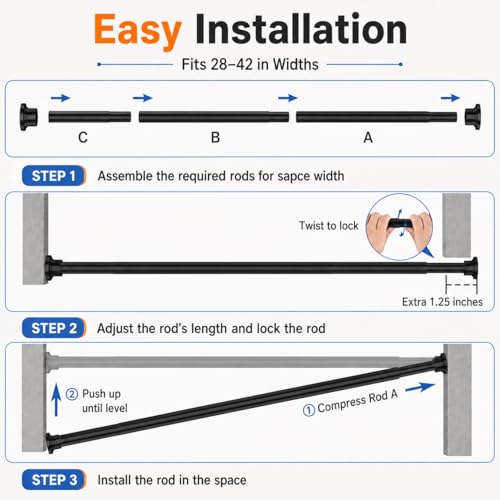 Image of ALLZONE Shower Curtain Rod Spring, 28-42 Inch Heavy Duty Tension Rods No Drilling, Anti-Slip Shower Rods, Adjustable Tension Curtain Rod for Window /Bathroom /Closet, Black