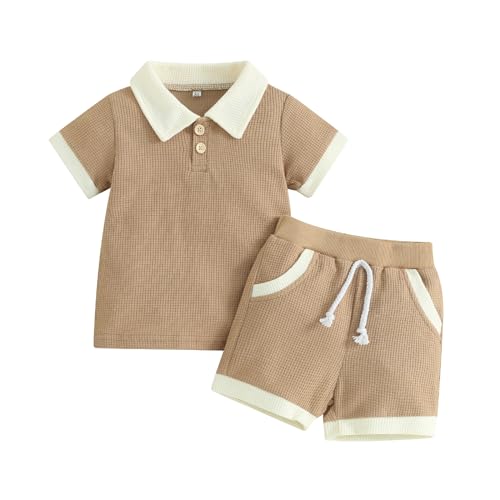 Kuriozud Newborn Baby Boy Summer Clothes Button Short Sleeve Romper Bodysuit Shorts Set Toddler Soft Waffle Outfit