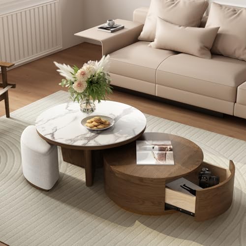 Lartis - Lot de 2 tables basses en noyer avec tiroir et tabourets, table basse ronde en marbre de pierre au design moderne, table basse ronde pour le salon
