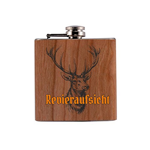 Flachmann Taschenflachmann Bedruckt anstelle Gravur - Flachmann mit Echtholzfurnier ummantelt - Der Flachmann für den Jäger: mit hochwertigem Aufdruck Revieraufsicht Hirsch Cover