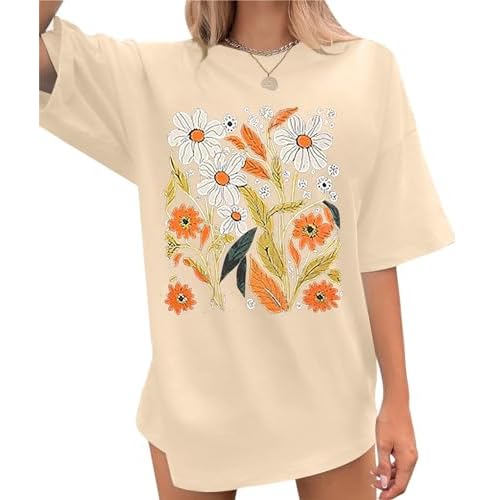 UNIQUEONE Boho Oversized Flower Shirt Women Vintage Floral Graphic T-Shirt Fall Clothes Garden Lovers Tops Casual Tees