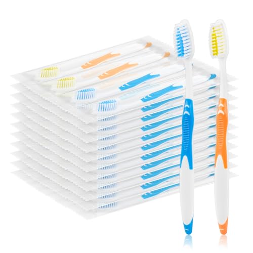 Zhjianup 50 PCS Disposable Toothbrushes Individually Wrapped Bulk Toothbrush Pack, Medium Soft Toothbrushes for Adults, Kids, Guests, Travel, Hotel, Nursing, Donation (2 Colors)