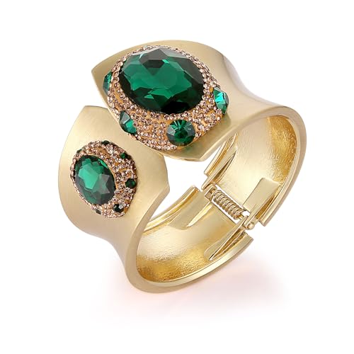 HZMAN Chunky Grren Crystal Cuff Bracelets for Women Retro Rhinestone Gold Plated Bracelet Wide Thick Open Hinge Wrist Cuff Bracelet Jewelry Gift