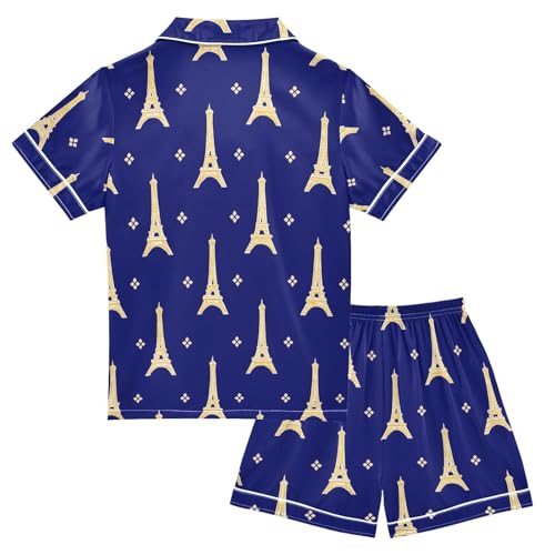 Eiffel Tower Pattern Pajamas Sets Short Sleeve Silk Stain Pjs Button Down Sleepwear for 5-14Y2