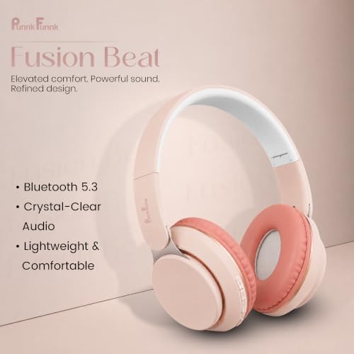 Image of PunnkFunnk FusionBeat Wireless Bluetooth Headphones with BT 5.3, Noise Cancelling, Hi-Res Audio, 40mm Drivers, Deep Bass, Memory Foam Ear Cushions, Over-Ear Headset, Teens & Adults (Pink)