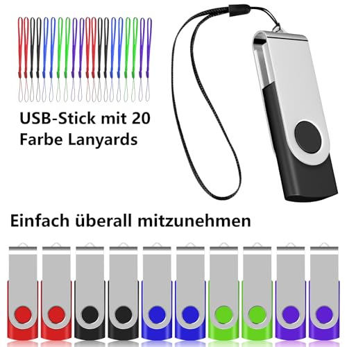 USB Sticks 8GB 20 Stück Mehrfarbig, AreTop Speicherstick USB 2.0 Pen Drives 360° Drehbar Metall Design mit lanyards for Datenspeicher