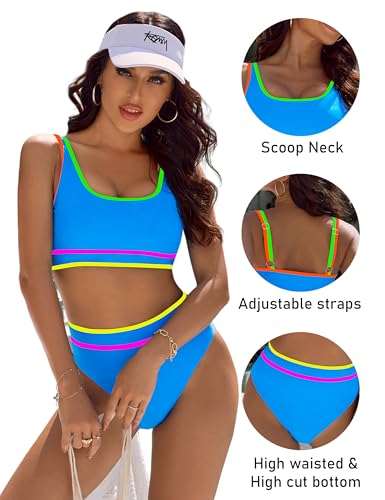 Image of BMJL Women's High Waisted Bikini Sets Sporty Two Piece Swimsuits Color Block Tummy Control Modest Bathing Suit