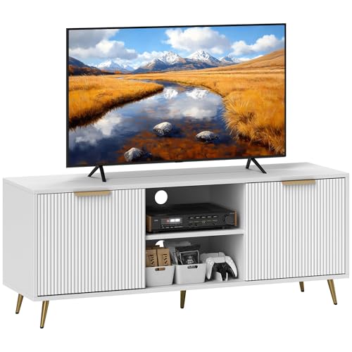 HOMCOM Mueble de TV Moderno para Salón con 2 Compartimentos Abiertos y 2 Puertas, Mueble para Televisión de 55 Pulgadas, 120x35x48 cm, Blanco
