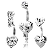 Niaspi 3 Pcs 14G Heart Belly Button Rings for Women Stainless Steel Cum Here Naughty Words Love Heart Belly Naval Studs Curved Barbell Ring Body Piercing Jewelry