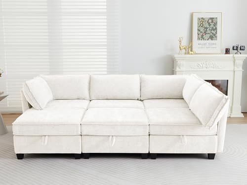 Image of ORRD Sleeper Modular Sectional Sofa Set, Convertible Couch Bed with Storage, 6 Seater and 3 Armrestes Sofa Modular for Living Room, Office (Beige)