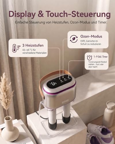 SOTHING Kofferraumtrockner, tragbarer Schuhtrockner für Sneaker, Ozon-Deodorierer, einziehbare Schläuche, 95 W Schnelltrocknung, 3 Heizstufen, LED-Touchpanel, 1-9H Timer, für Arbeitsstiefel, Rosenrot