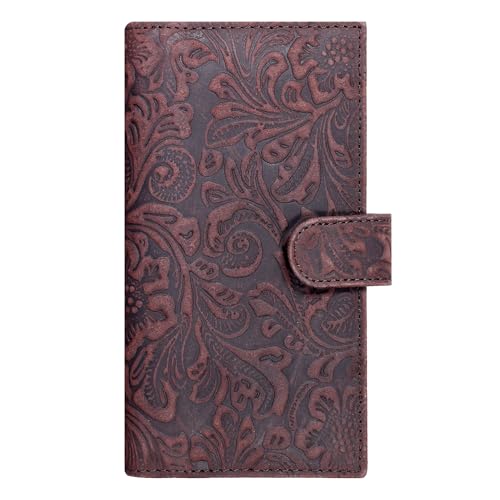 Image of Oak Leathers Checkbook Cover Slim Minimalist For Men with RFID Blocking Credit Card Holder Wallet (Vintage Flower Brown)
