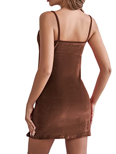 Lyaner Women's Contrast Lace Split Hem Sleeveless Velvet Chemise Nightgown Nightdress Sleepwear Brown X-Small #TOP1
