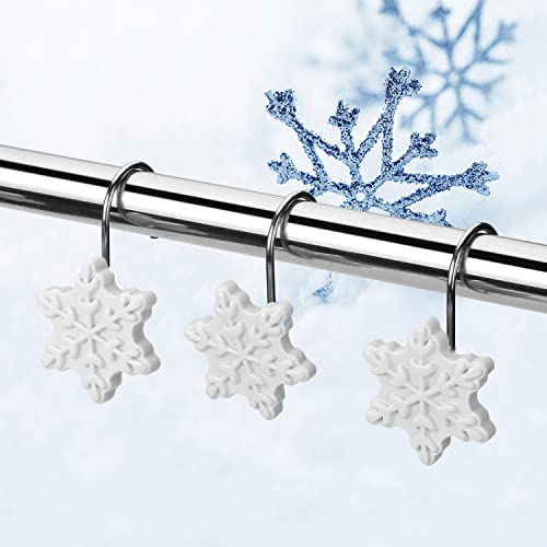 FITNATE 12PCS Anti-Rust Snowflake Shower Curtain Hooks for Winter, Thanksgiving, Christmas, Resin Decorative Curtain Hooks Used in Bathroom, Bedroom and Living Room, White