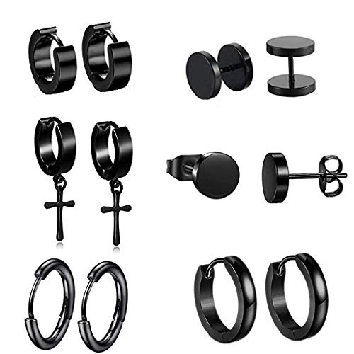 6 pares de brincos masculinos de aço inoxidável preto joias tipo clipe perfurado brinco conjunto de