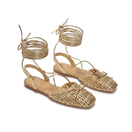 Image of Woven Ballet Flats for Women Lace Up Closed Square Toe Summer Sandals Dressy Shoes