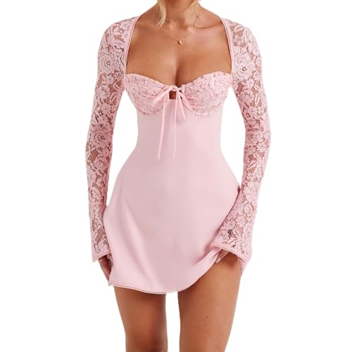 Image of Women Lace Mini Dress Sexy Square Neck Lace Long Sleeves Backless Tie-Up A-Line Short Dresses Cocktail Bodycon Dress