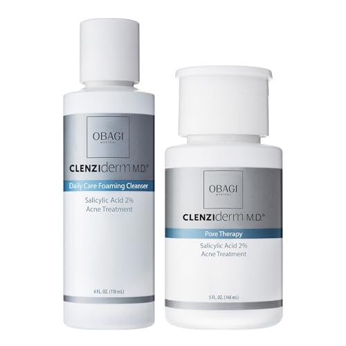 Obagi CLENZIderm M.D. Daily Care Foaming Cleanser & Pore Therapy Exfoliating BHA Toner Bundle Treats Acne Unclogs & Minimizes Pores with 2% Salicylic Acid (BHA) Normal & Oily Skin Types