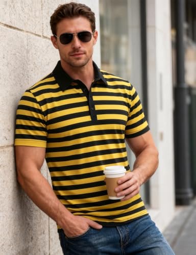 JEMITOP Men Stretch Knit Slim Fit Polo Shirt | Striped, Colorblock, Casual, Short Sleeve, Collared miniatura 4