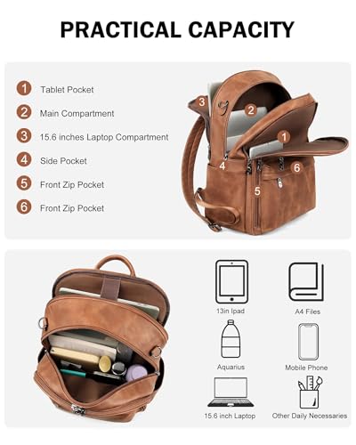 Image of FADEON 15.6 Inch Laptop Backpack Purse for Women, Large Capacity | Vegan Leather Backpack with Padded Straps, Laptop & iPad Slots Fits 13 inch, 14 inch & 15.6 inch, Roomy for Daily, Work & Travel