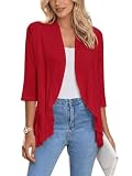 Saodimallsu Chaqueta de punto cárdigan para mujer, ligera, manga 3/4, cuello de pico, dobladillo con volantes, suéter frontal abierto, elegante, informal, monocolor, chaqueta de verano, rojo, M