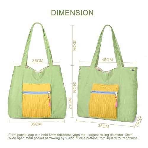 Image of Corduroy Tote Bag Large Shoulder Handbag Hobo Shopping Travel Bag with Zip Pocket and 2 Random Enamel Pins
