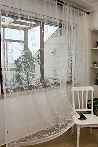 Slow Soul 2 Panels White European Style Sheer Curtain Embroidered Window Curtains Europe Floral Tulle For Living Room Bedroom With Rod Pocket White 54W X 96L Inch #TOP2