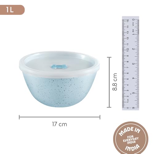 Image of Borosil 1 L Serving & Mixing Bowl with Lid | Made in India Borosilicate Glass Bowl for Kitchen & Dinning | Bowl for Mixing Dough, Salad, Batter | Microwave & Dishwasher Safe (Blue)