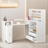 Belandi L-Shaped Manicure Table with Shelves, Glass Top Nail Table Station Acetone Resistant w/Storage Drawers, LED Lights, Cabinet, Wrist Cushion & Gold Handles(White)