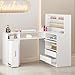 Paddie Manicure Table with LED Light, L-Shaped Glass Top Nail Tech Table w/2 Storage Shelves, Upwards Cabinet Door, Corner Nail Station w/3 Drawers & Wrist Cushion(White)