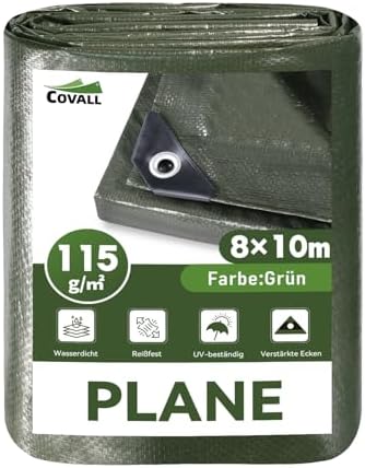 COVALL Abdeckplane Grün 8x10 m,Wasserdicht 115g/m²,Robust & verschleißfest | Wasserdicht, UV-beständig & reißfest – PE Plane für Camping, Garten, Fahrzeuge und Trampolin