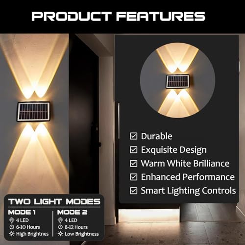 Image of GIGAWATTS 4 LED Solar Wall Light On /Off Botton & 1.5Ah Battery Water Resistant Decor Deck Fence Lights Flood Lamp for Home Garden Terrace Patio (Set of 1, Warm White)