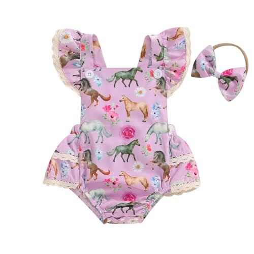 Image of Newborn Baby Girl Western Outfit Horse/Cow Print Ruffle Sleeve Romper Jumpsuit Bodysuit with Headband Farm Clothes