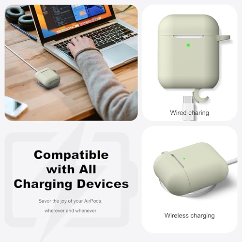 Image of AirPods Case Cover with Keychain, R-fun Full Protective Silicone AirPods Accessories Skin Cover for Women Girl with Apple AirPods Wireless Charging Case,Front LED Visible-Brick Green