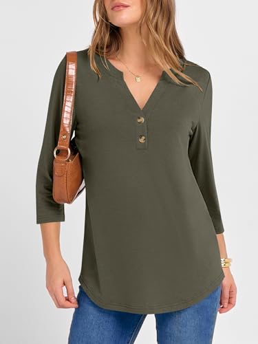 ANRABESS Women 3/4 Length Sleeve Henley Tops V Neck Business Casual Work T Shirts Cute Travel Shirt 2026 Spring Trendy Outfit Army Green Small — view 2