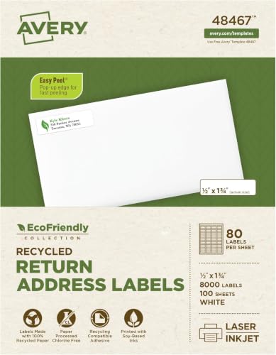 Image of Avery EcoFriendly Recycled Return Address Labels, 1 /2 inch x 1-3 /4 inch, White, Permanent Label Adhesive, 8,000 Printable Labels (48467) (Pack of 5)