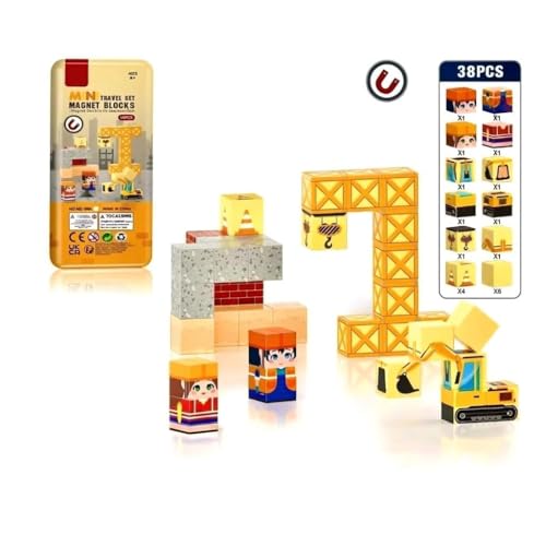 Image of HAPPY HUES Mini Magnetic Blocks Travel Set (38 Pcs) - Pixelated Construction Site Cube Magnets with Storage Tin, STEM Building Toy Figures, Screen-Free Road Trip Travel Toy for Kids Ages 3+