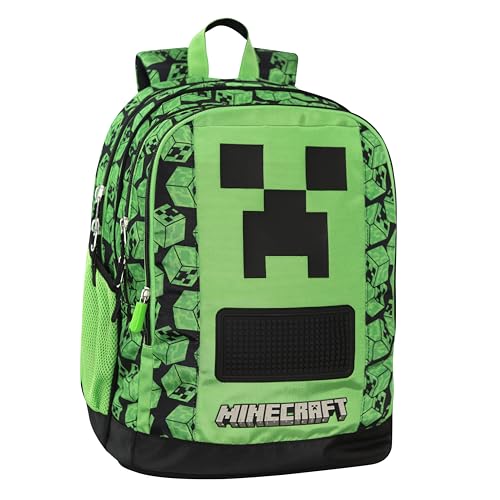 MINECRAFT - Zaino Scuola Ufficiale Minecraft, con 2 Ampi Spazi Centrali, Tasca Frontale Sagomata, Tasche Laterali in Rete, Spallacci Regolabili Imbottiti, Retro e Fondo Termoformati, 32x43Hx23cm