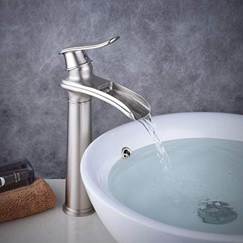 Waterfall Spout Commercial Bathroom Vessel Sink Faucet Single Handle One Hole Deck Mount Brushed Nickel Lavatory Mixer Tap #TOP3