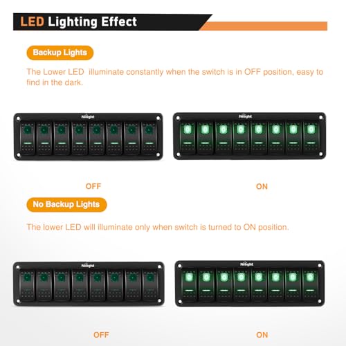 Image of Nilight 8 Gang Rocker Switch Panel 5Pin On Off Toggle Switch Aluminum Holder 12V 24V Dash Pre-Wired Green Backlit Switches for Automotive Cars Marine Boats RVs Truck, 2 Years Warranty
