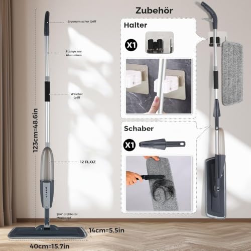 Mopps für die Bodenreinigung,Bodenwischer mit Sprühfunktion mit 6 Waschbaren Mikrofaserbezug...