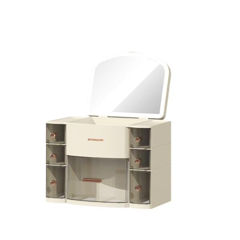 Boîte de rangement cosmétique pour éviter le désordre, avec tiroir et miroir beige