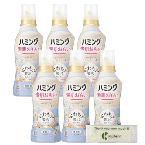Kunutonn 花王 ハミング 素肌おもい 柔軟剤 ふわもふ贅沢な肌ざわり フローラルブーケの香り 本体 530ml + オリジナルロゴ入りeおまけ付 6個