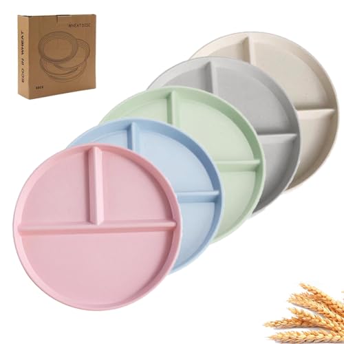 K Y KANGYUN 5-Piece Divided Dinner Plates 9in Wheat Straw Deep BPA Free