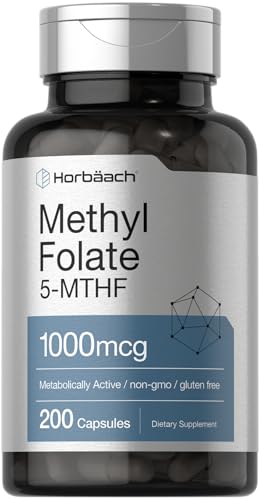 Horbäach Methyl Folate Supplement | 1000 mcg | 200 Capsules | 5-MTHF | Folic Acid | Non-GMO, Gluten...