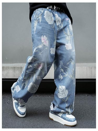 Men's Floral Jeans Hip Hop Wide Leg Casual Baggy Denim Pants with Pockets3