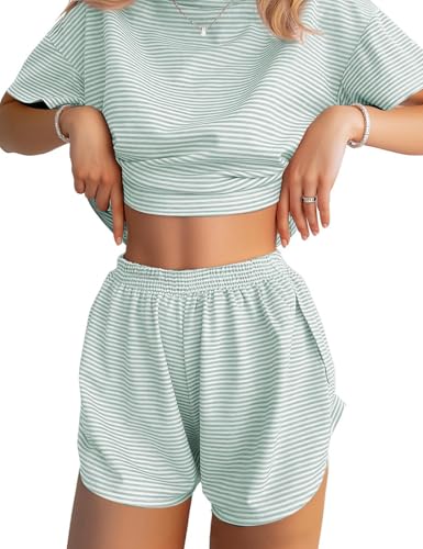 Image of JUSTFASHIONNOW Womens Pajama Sets Shorts Striped Print Two Piece Lounge Sets Crew Neck Sleepwear Split Shorts Set Soft Pjs